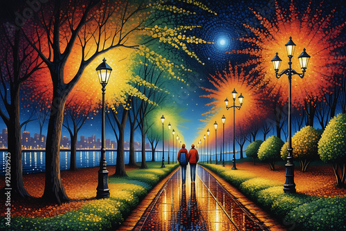 Vibrant night walk landscape, composed of small dots in rich colors, highly detailed and full of splendor and beauty.