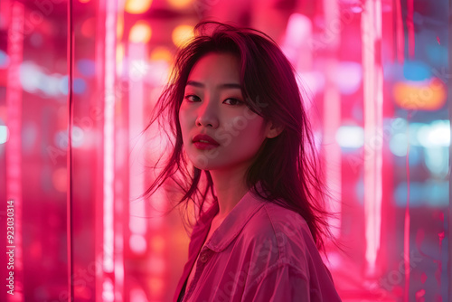 A woman with long hair and red lipstick stands in front of a neon sign