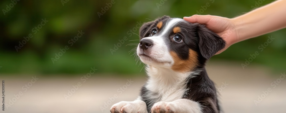 Adorable puppy being petted, showcasing a playful and affectionate nature in a serene outdoor setting. Adorable puppy being petted, showcasing a playful and affectionate nature in a serene outdoor setting.