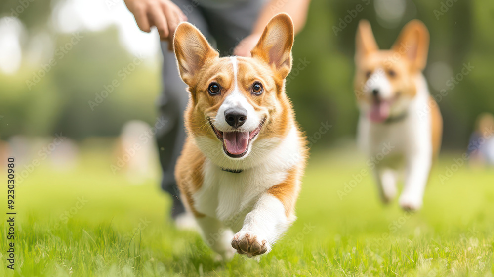 A joyful corgi dog running freely on green grass, showcasing happiness and energy in a sunny park setting.
