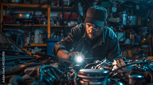 Close-up of a mechanic inspecting a car engine with a flashlight.