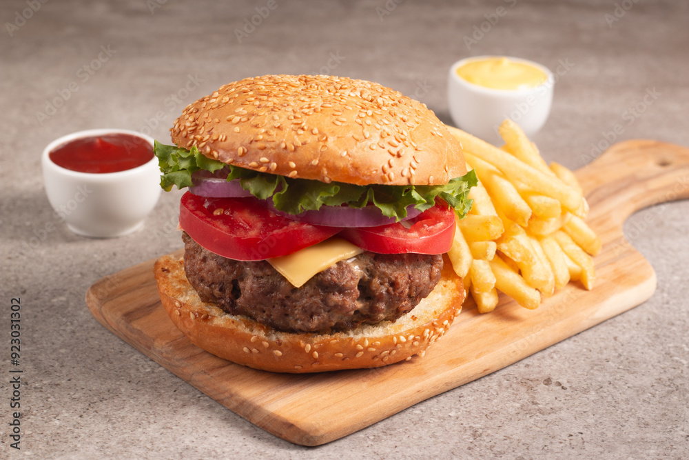 Homemade delicious hamburger with beef, onion, tomato, lettuce and cheese. Fresh burger close up on wooden rustic table with potato fries. Cheeseburger. Burger.