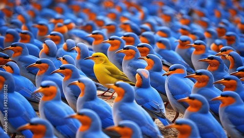 a vibrant yellow bird stands out in a crowd of identical blue birds, symbolizing individuality, uniqueness, and the courage to be different in a conformist society   photo