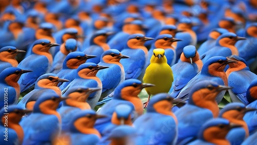 a vibrant yellow bird stands out in a crowd of identical blue birds, symbolizing individuality, uniqueness, and the courage to be different in a conformist society   photo