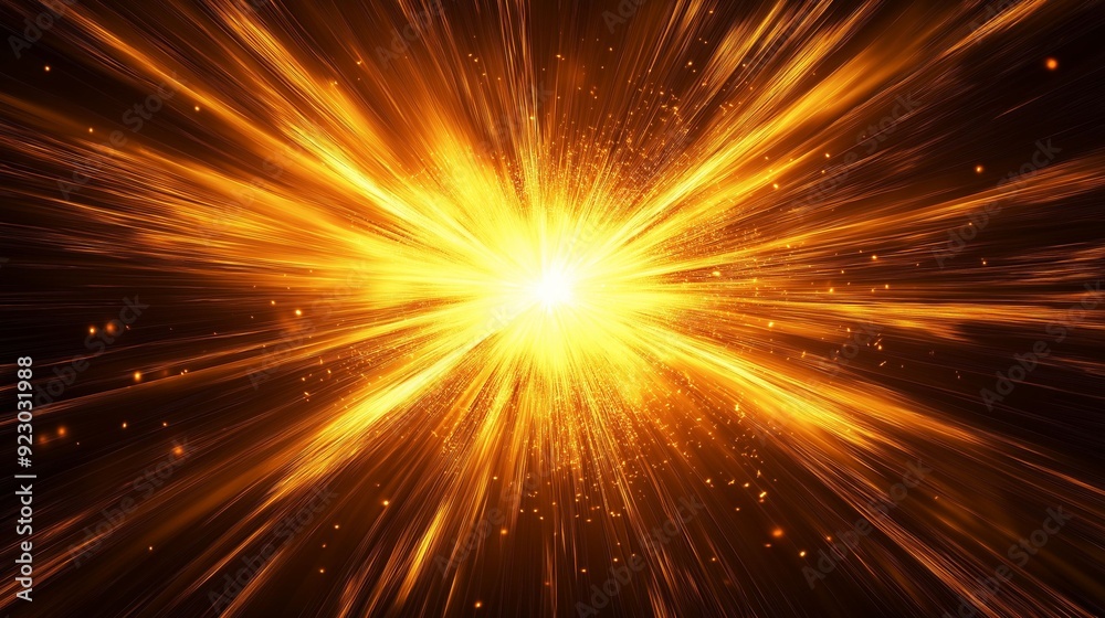 Abstract image depicting a vibrant burst of golden light rays and particles, creating a dynamic, energetic explosion effect.