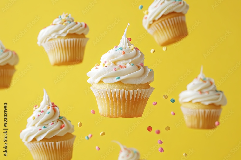 Colorful cupcakes with sprinkles floating against a bright yellow background. Generative AI Colorful cupcakes with sprinkles floating against a bright yellow background. Generative AI