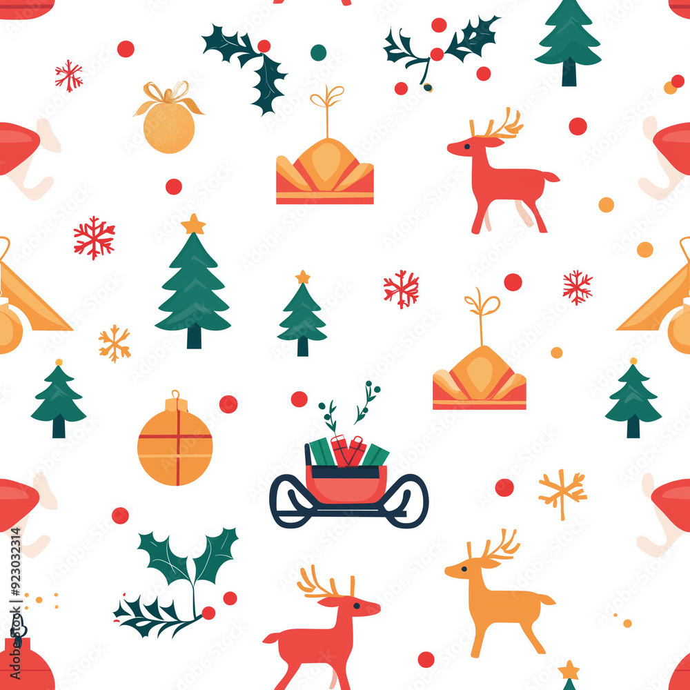 Fototapeta premium Festive Cheer Seamless Pattern: A charming and festive Christmas pattern featuring reindeer, sleighs, ornaments, and snowflakes. Perfect for holiday-themed designs and projects. 