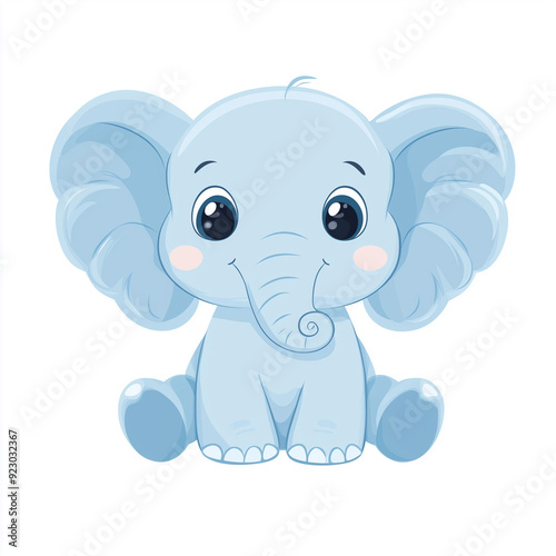 Cute baby elephant cartoon character with round eyes and big floppy ears in soft pastel blue minimal style isolated on a white background