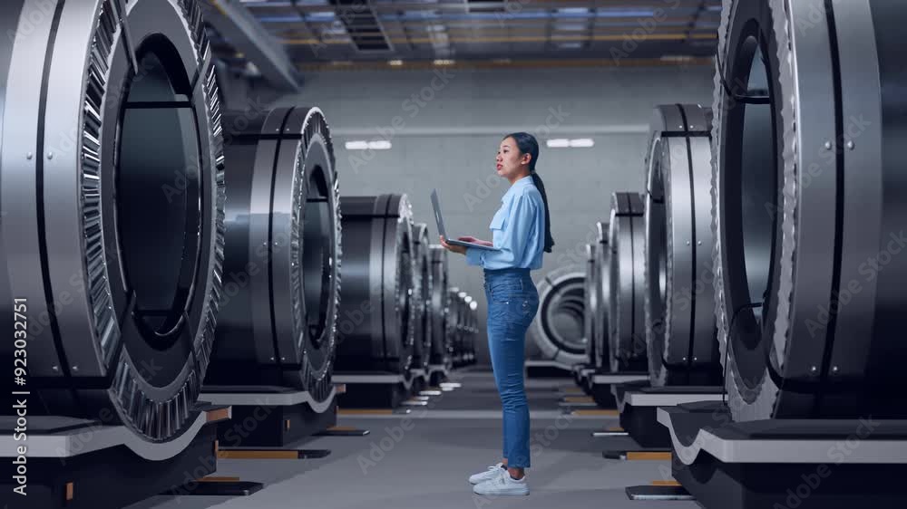 Full Body Side View Of An Asian Female Worker Standing In Metal Factory, High-tech Industrial Facility, Observes By Looking Up Before She Come To Concentrating On The Laptop And Keep On Typing Full Body Side View Of An Asian Female Worker Standing In Metal Factory, High-tech Industrial Facility, Observes By Looking Up Before She Come To Concentrating On The Laptop And Keep On Typing