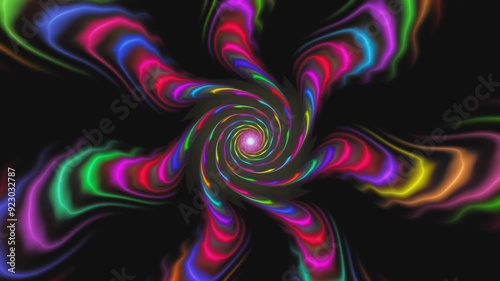 Neon colored curve short lines trembling, forming bright beams converging to heliciform, convoluted centre on dark. Fluorescent fractal background with radial whirl and rotation. 4K UHD 4096x2304 photo