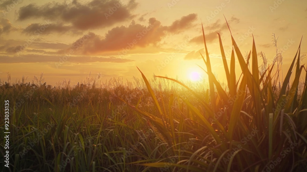 A sugar cane field with the sun setting in the background, representing the origin of sugar and agricultural beauty. A sugar cane field with the sun setting in the background, representing the origin of sugar and agricultural beauty.