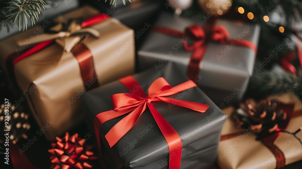 Close up of the multicolored gifts under the christmas tree black gray and red as well as multicolored gifts on new years eve Close up of the multicolored gifts under the christmas tree black gray and red as well as multicolored gifts on new years eve