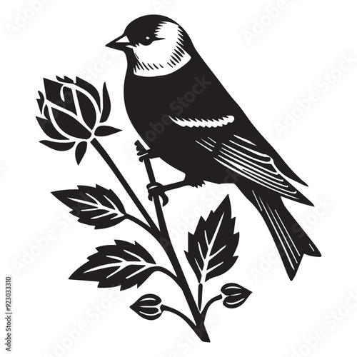American Goldfinch silhouette,  American Goldfinch perched delicately on a flower stem Vector illustration in black and white