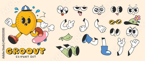 Set of 70s groovy comic faces vector. Collection of cartoon character faces, leg, hand in different emotions happy, angry, sad, cheerful. Cute retro groovy hippie illustration for decorative, sticker.