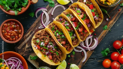 Wallpaper Mural A top view of a vibrant taco spread with seasoned ground beef, fresh toppings, and colorful garnishes, inviting a festive meal. Torontodigital.ca