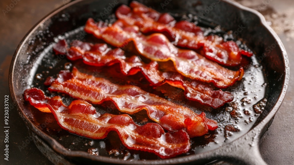 A top view of sizzling bacon strips in a cast-iron skillet, highlighting the crispy texture and savory aroma. A top view of sizzling bacon strips in a cast-iron skillet, highlighting the crispy texture and savory aroma.