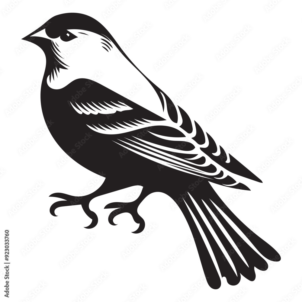 Obraz premium American Goldfinch silhouette, Perched with Tail Feathers Fanned Out Vector illustration in black and white