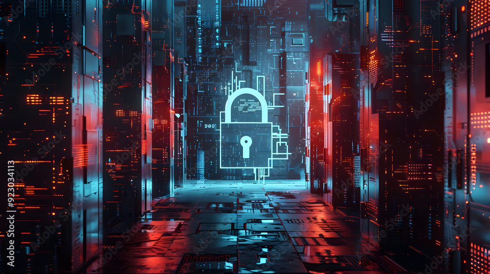 Obraz premium Emulate the intricacy of IT Security in a digital art form, focusing on a distinctive digital padlock as the central object