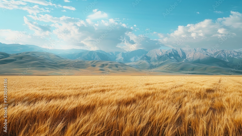 A vast golden wheat field with mountains in the distance, showcasing the grandeur and expanse of nature offerings.