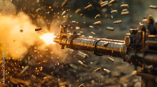 Close up soldiers firing a 50 cal machine gun with spent brass around it military training army war concept