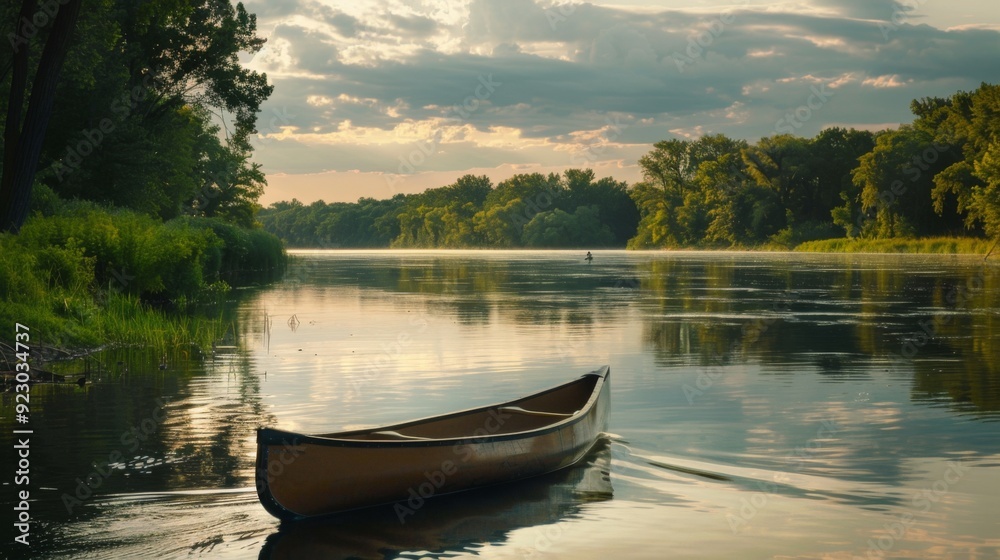 A wide river with a lone canoe drifting peacefully, symbolizing the freedom to explore and navigate life tranquil and adventurous paths. A wide river with a lone canoe drifting peacefully, symbolizing the freedom to explore and navigate life tranquil and adventurous paths.