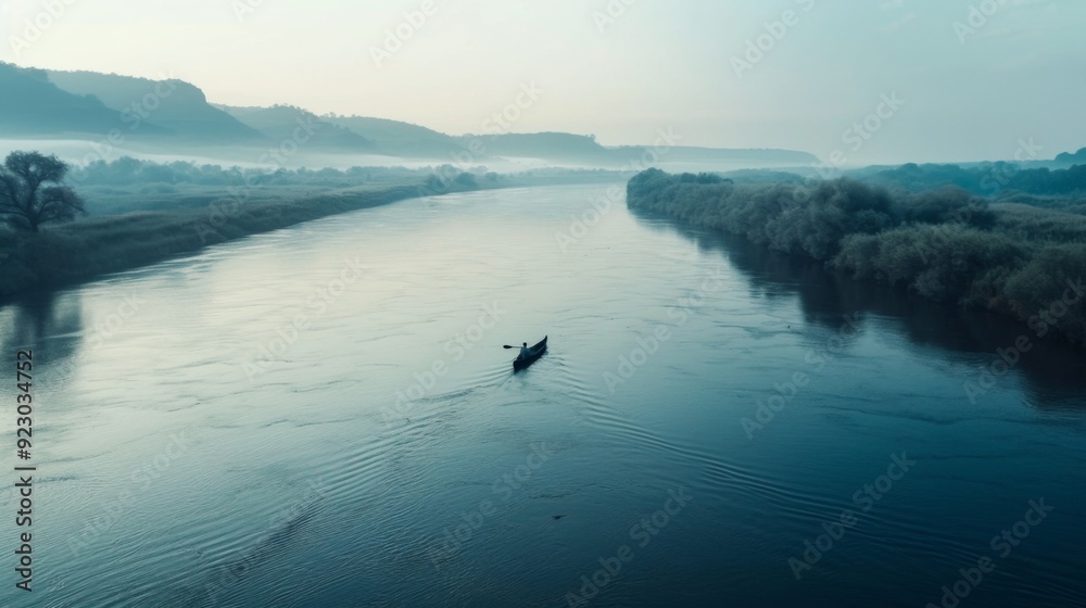 Obraz premium A wide river with a lone canoe drifting peacefully, symbolizing the freedom to explore and navigate life tranquil and adventurous paths.