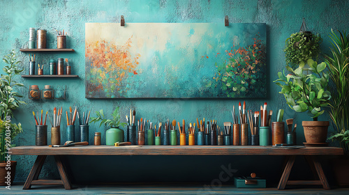 A vibrant artist studio featuring colorful paintbrushes and plants against an enchanting teal backdrop.