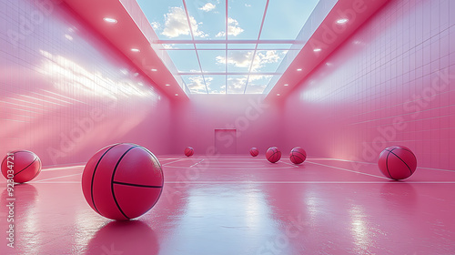 A vibrant pink basketball court featuring multiple pink basketballs, creating a playful and unique sports environment.