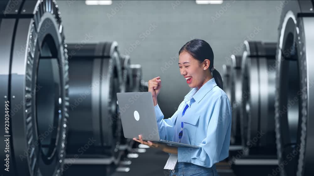Side View Of An Asian Female Professional Worker Standing With Her Laptop In Metal Factory, High-tech Industrial Facility, She Raises Her Fist Up With Screaming Goal After Typed On The Laptop Side View Of An Asian Female Professional Worker Standing With Her Laptop In Metal Factory, High-tech Industrial Facility, She Raises Her Fist Up With Screaming Goal After Typed On The Laptop