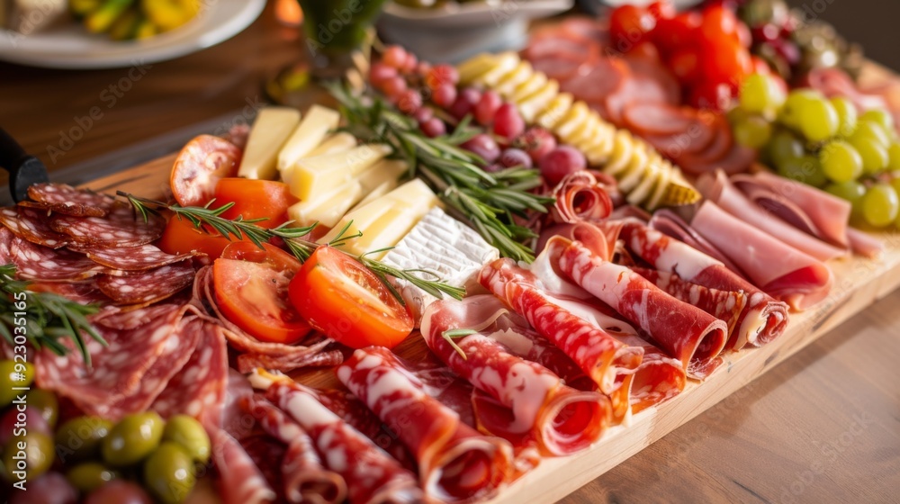 An elegant charcuterie board with cured meats, cheeses, and fruits, offering a tantalizing array of flavors and textures. An elegant charcuterie board with cured meats, cheeses, and fruits, offering a tantalizing array of flavors and textures.