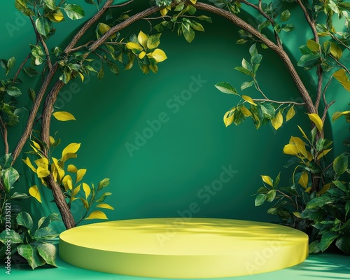 Artistic green and yellow podium intertwined with natural elements like leaves and branches, symbolizing the fusion of humanmade and nature photo