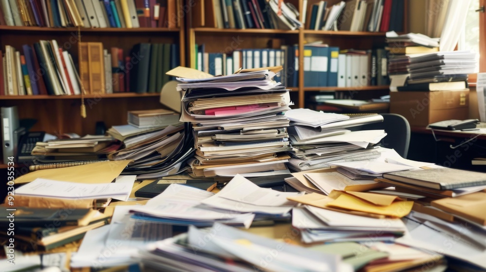 Obraz premium An office desk overwhelmed by an overflow of papers, files, and folders, symbolizing the challenges of managing excessive documents.