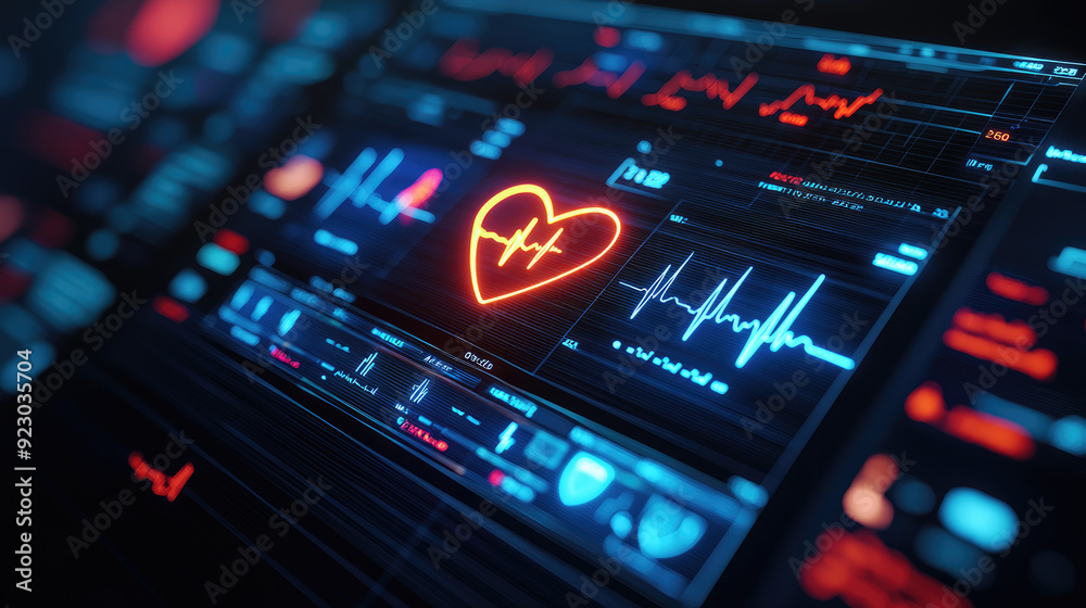 A close-up view of a digital heart monitor displaying vital signs with glowing heart symbol and data metrics in a medical setting. A close-up view of a digital heart monitor displaying vital signs with glowing heart symbol and data metrics in a medical setting.