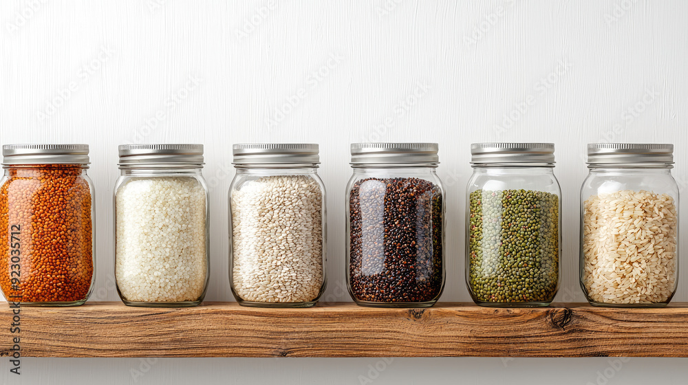 A collection of colorful jars filled with different grains and legumes, showcasing a minimalistic kitchen shelf. A collection of colorful jars filled with different grains and legumes, showcasing a minimalistic kitchen shelf.