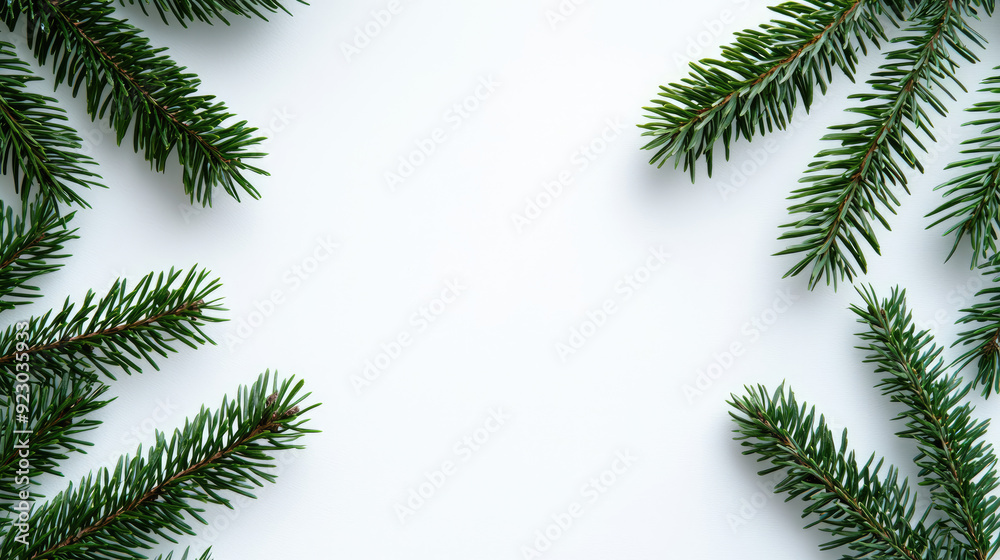 Close-up of fresh fir tree branches arranged around a blank space, perfect for holiday-themed backgrounds and seasonal designs. Close-up of fresh fir tree branches arranged around a blank space, perfect for holiday-themed backgrounds and seasonal designs.