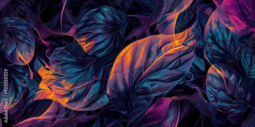 Neon leaf pattern with a dark, mysterious background