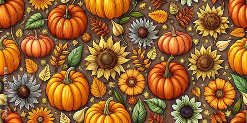 Lovely Hand Drawn Thanksgiving Seamless Pattern With Pumpkins and Sunflowers