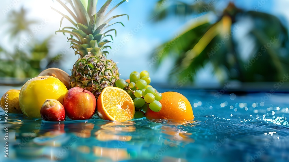 Concept of diet and vacation tropical exotic radiant fruits near to the pools water