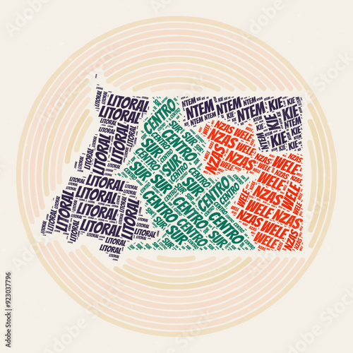 Equatorial Guinea round poster. Typography style image of the country. Regions word clouds of Equatorial Guinea. Vintage image design with scratch texture.
