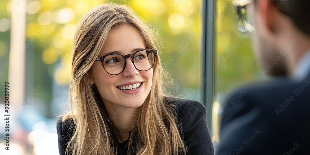 Smiling woman in her late thirties, with long blonde hair and glasses, generative AI Smiling woman in her late thirties, with long blonde hair and glasses, generative AI