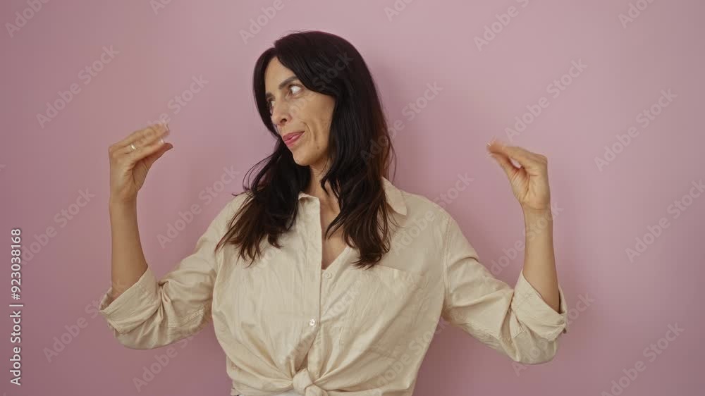 Woman gesturing while standing against a pink background, wearing a cream shirt Woman gesturing while standing against a pink background, wearing a cream shirt