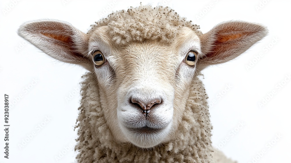 Fototapeta premium A close-up of a curious sheep with fluffy wool and gentle eyes against a plain white background. Generative AI