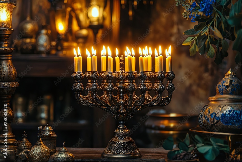 Beautiful ornate menorah with glowing candles, set against a backdrop of vintage decor in a cozy room during evening hours. Generative AI Beautiful ornate menorah with glowing candles, set against a backdrop of vintage decor in a cozy room during evening hours. Generative AI