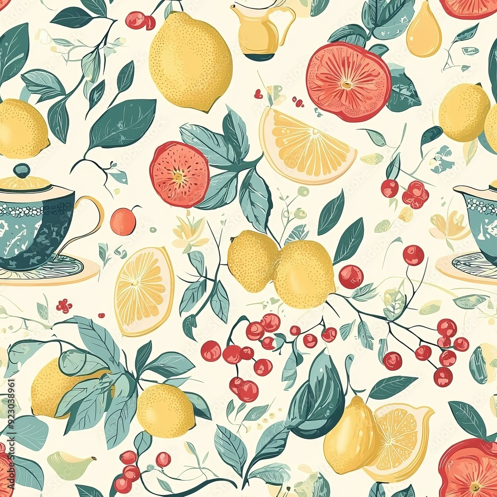 Seamless pattern of fruits at a garden party, with lemons and berries in floral arrangements and tea sets Seamless pattern of fruits at a garden party, with lemons and berries in floral arrangements and tea sets
