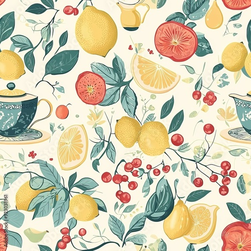 Seamless pattern of fruits at a garden party, with lemons and berries in floral arrangements and tea sets