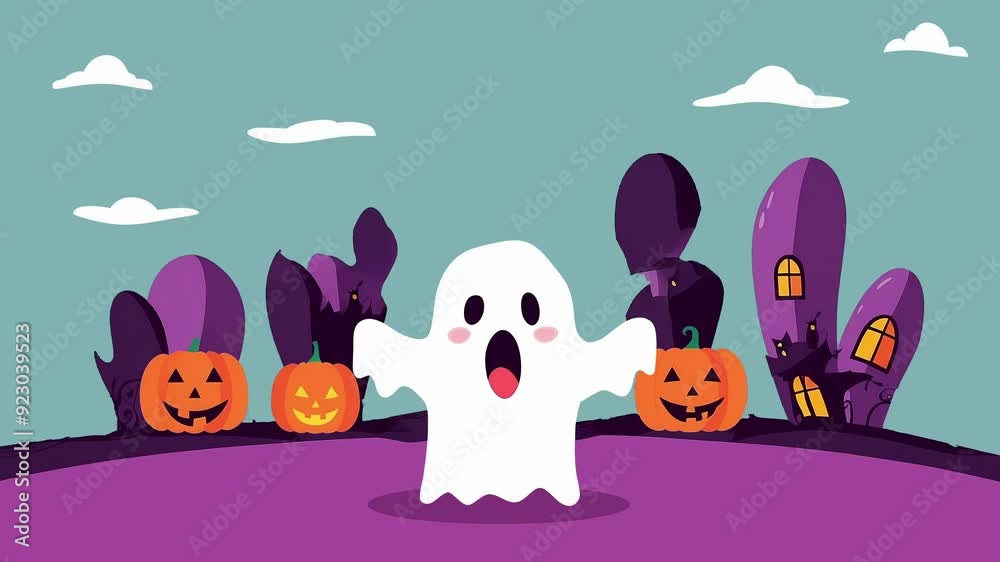 Adorable animated ghost with outstretched arms. 