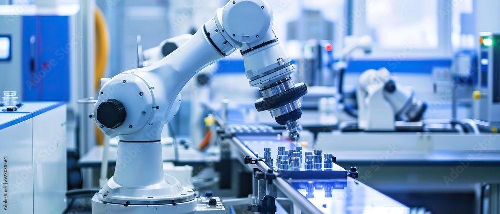 Multiple robotic arms in manufacturing facility Automated production line High-tech machinery Blue tones Clean environment Factory interior Multiple robotic arms in manufacturing facility Automated production line High-tech machinery Blue tones Clean environment Factory interior
