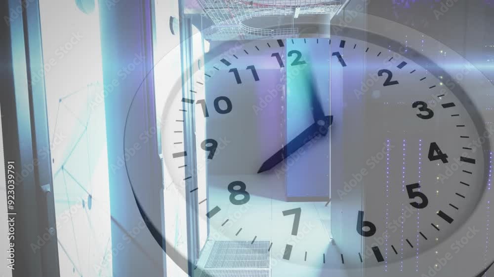 Clock animation over blue-lit data center servers Clock animation over blue-lit data center servers