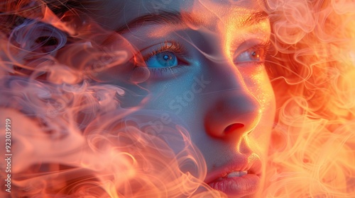 Ethereal portrait of woman's face Fire and ice contrast Surreal artistic image Intense emotions Glowing effect Mystical atmosphere Fantasy concept