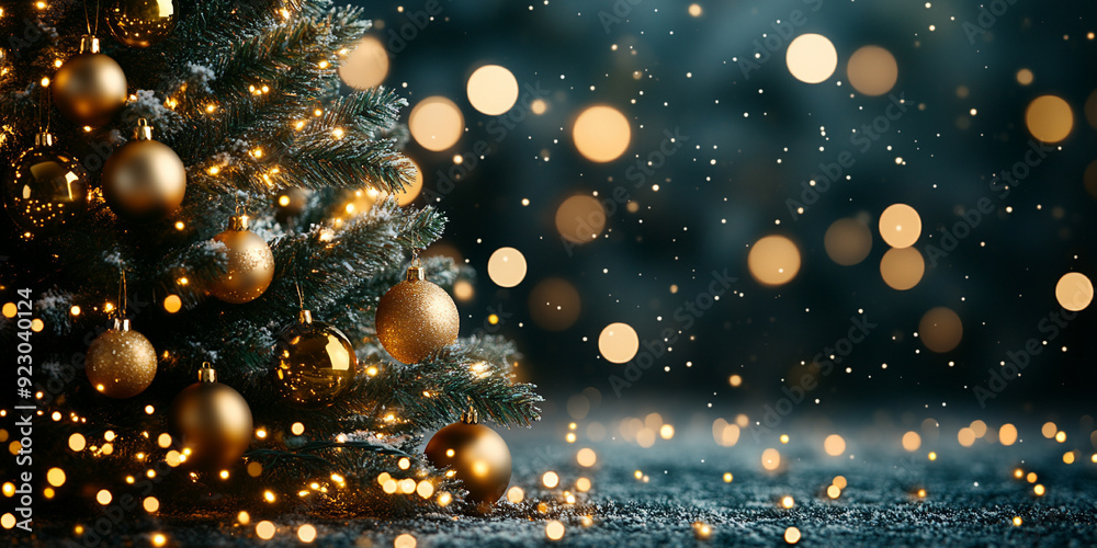 Christmas scene with a blurred background, highlighting a decorated Christmas tree adorned with colorful ornaments and twinkling lights, evoking warmth, joy, and the spirit of the holiday season Christmas scene with a blurred background, highlighting a decorated Christmas tree adorned with colorful ornaments and twinkling lights, evoking warmth, joy, and the spirit of the holiday season